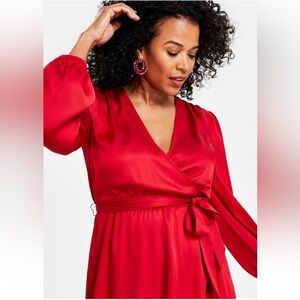 INC International Concepts Cranberry red surplice ruffle hem midi dress size M